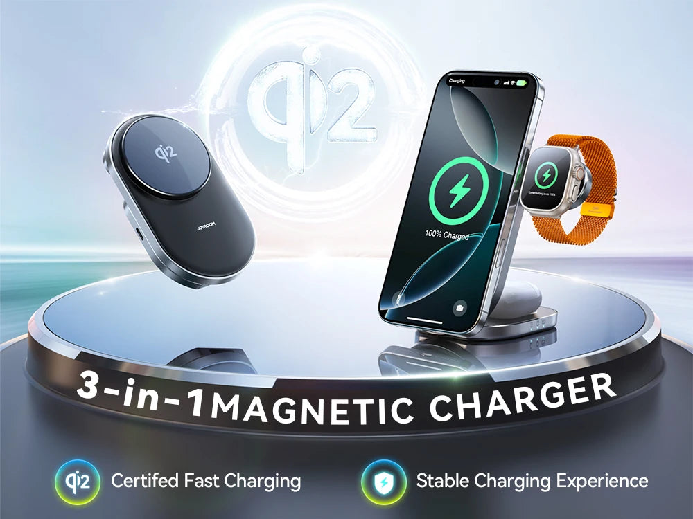 Joyroom Qi2 3 in 1 Wireless Charging Station Foldable Fast Wireless Charger Stand for iPhone 16/15/14/13/12 & Apple Watch JR-W17