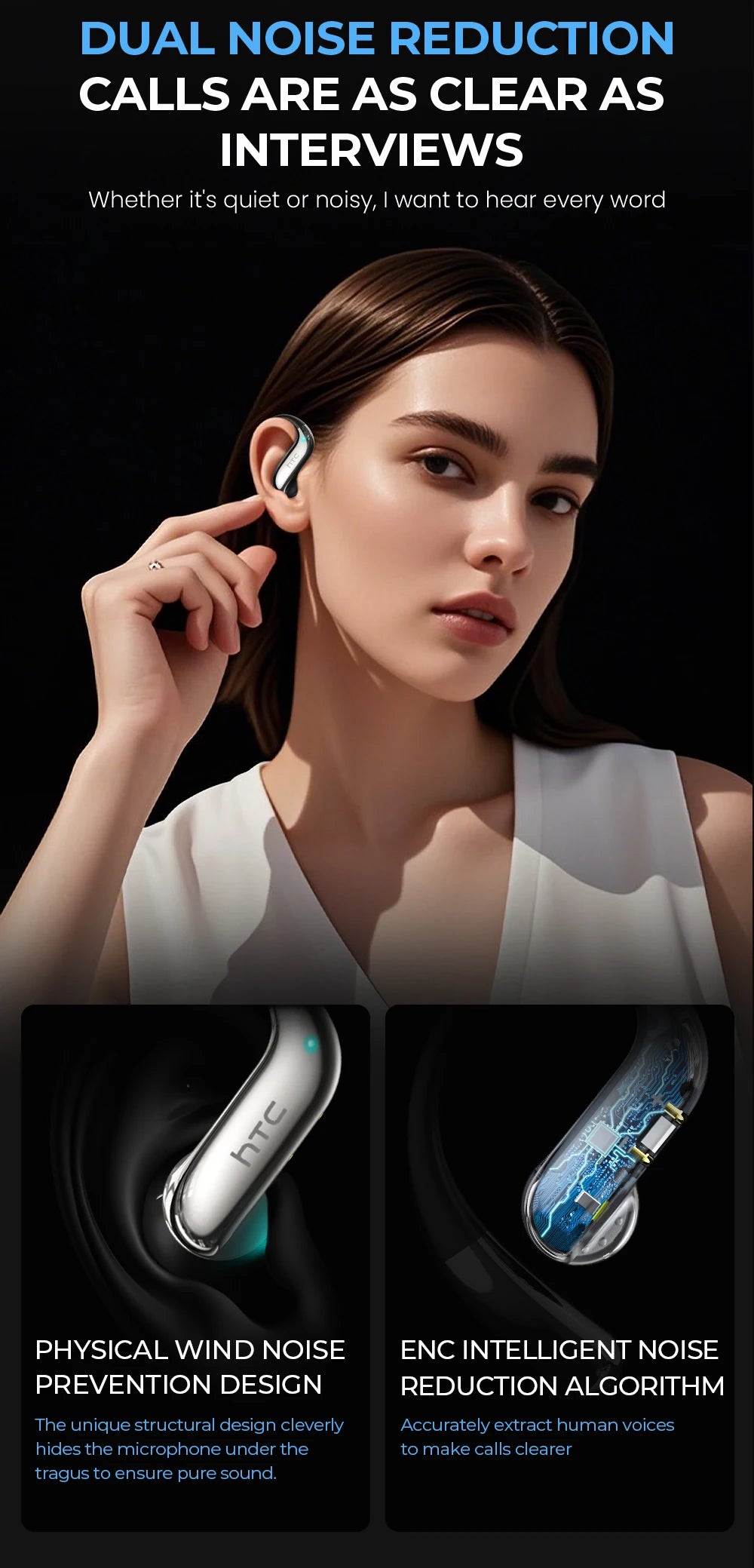 HTC NE23 Earphones Bluetooth V6.0 Open-Ear Wireless Headphones AI Translator Earbuds HD Call Sleek Thin lightweight Earhook