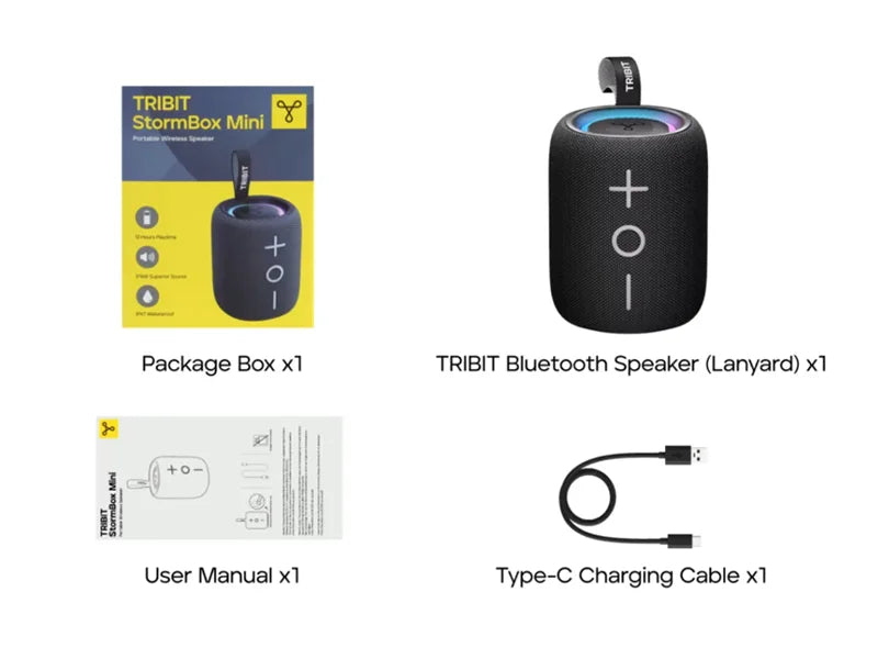 TRIBIT StormBox Mini Bluetooth Speaker, 12W 360° Sound With XBass, LEDs, 12 Hours playtimes, IPX7 Waterproof, For Hiking/Outdoor
