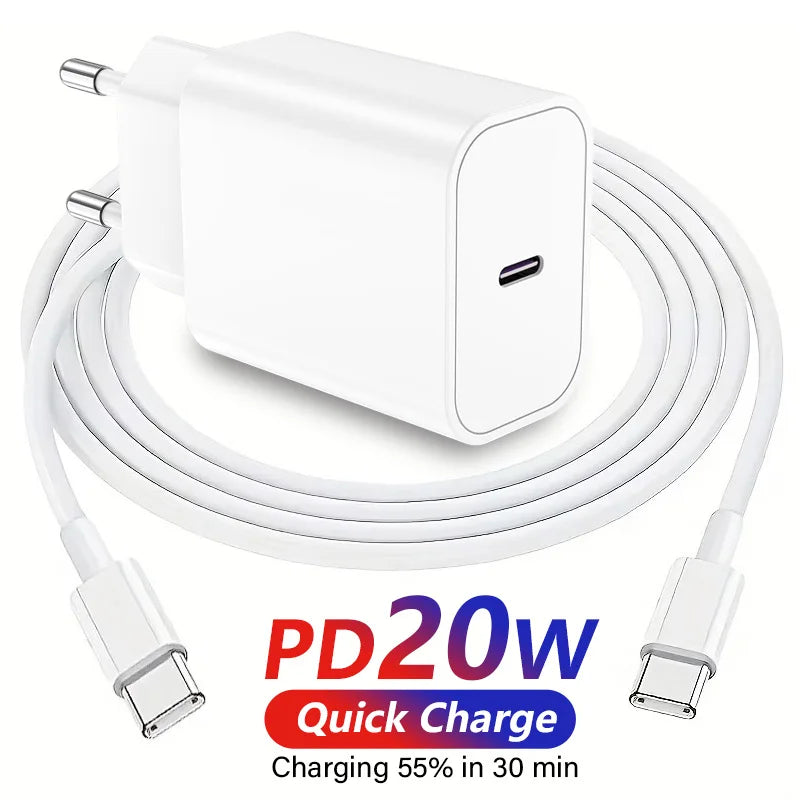 For Samsung Xiaomi Redmi Fast Charger EU 20w Wall USB Type C Cable For iPhone 17 16 15 Pro Max Plus iPad AirPods travel Plug us