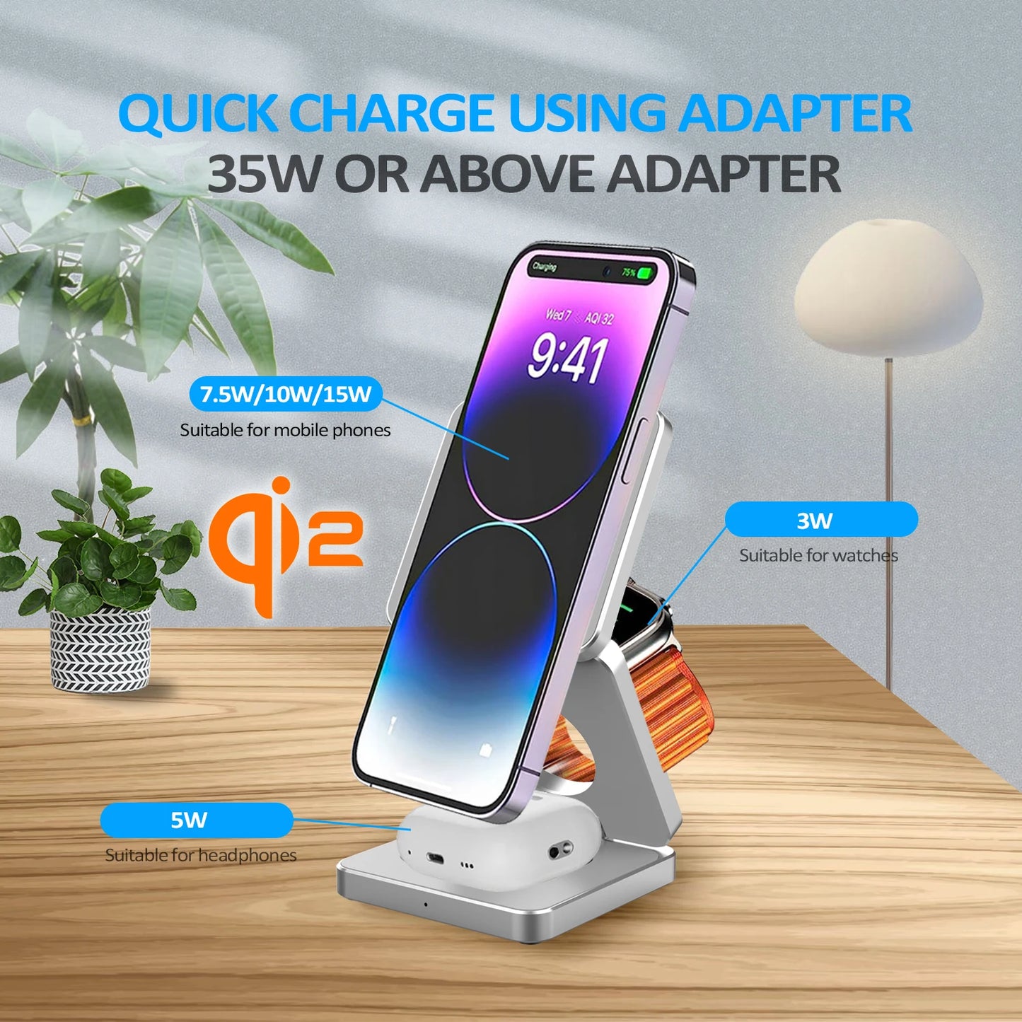 Qi2/Qi1 3 in 1 15W Magnetic Wireless Charger for Iphone 17 16 15 Fast Charging Folding for Apple Watch Airpods Wireless Charger