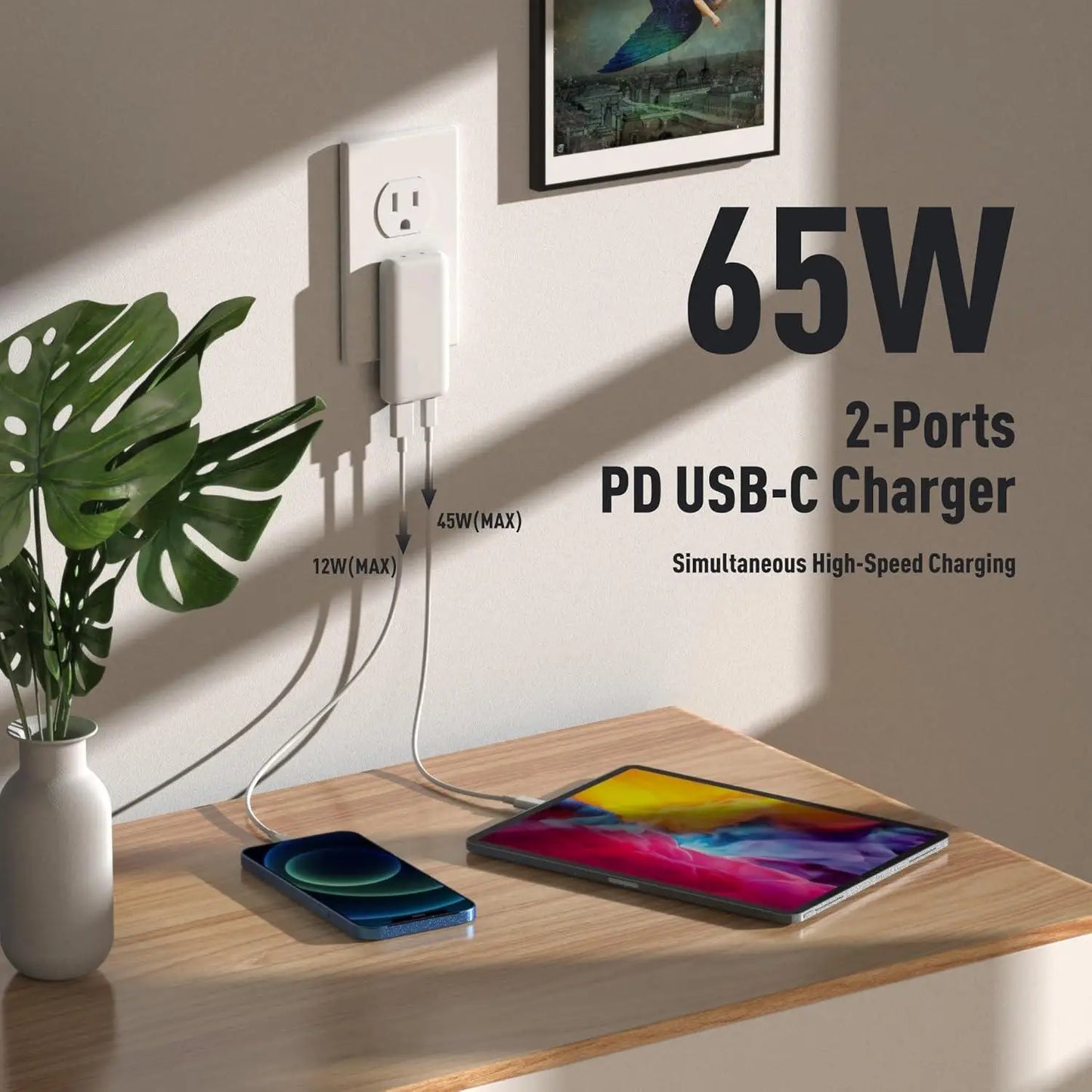Flat USB C Wall Charger 65W GaN USB-A USB-C Wall Charger Ultra Slim Folding Travel Dual Port USB Wall Charger For Phones Tablets