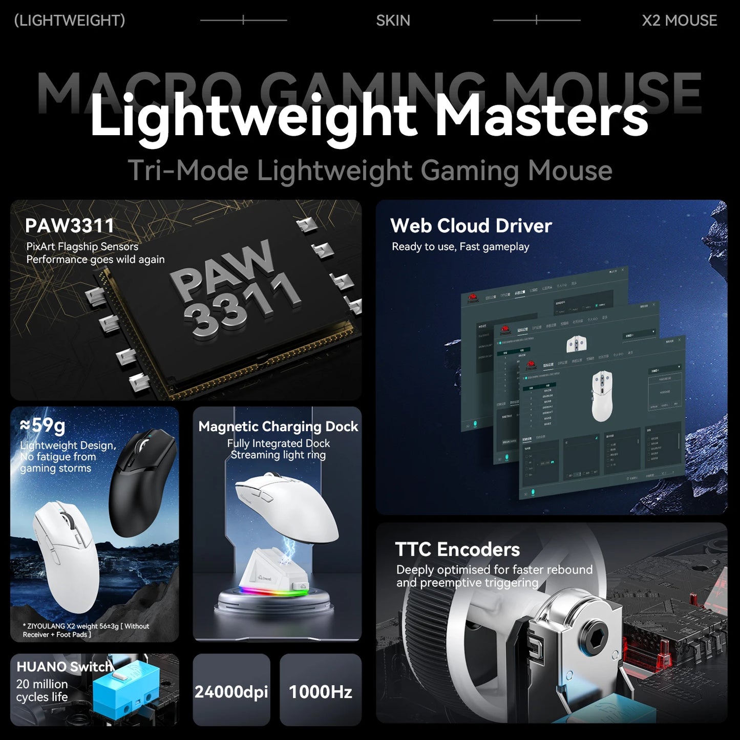 X2 Gaming Mouse Wireless PAW3311 1K Hz ATTACK SHARK X11 Same Model Magnetic RGB Lightweight Macro Mouse Tri-mode Connectione