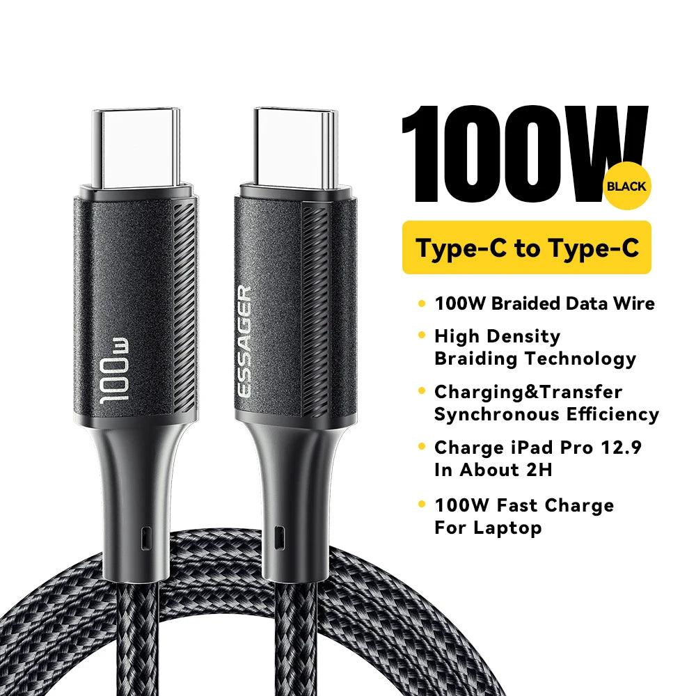 Essager PD 100W Type C to C Cable USB Type-C 5A Fast Charging Mobile Phone Cable For MacBook iPad Oneplus Xiaomi iPhone 16 Cable