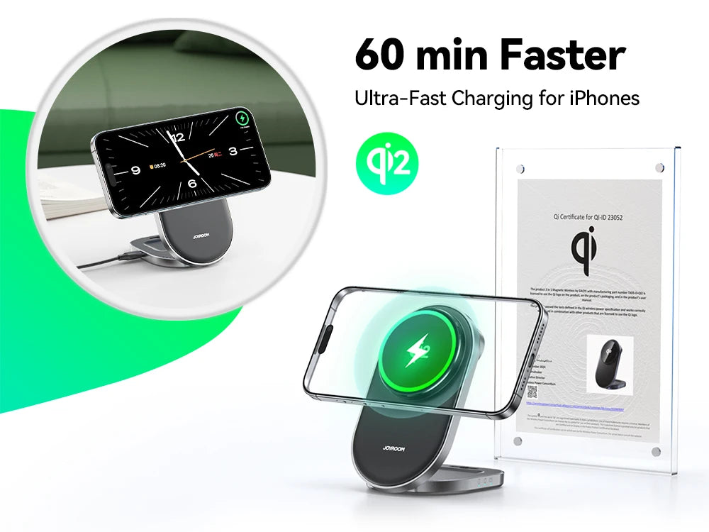 Joyroom Qi2 3 in 1 Wireless Charging Station Foldable Fast Wireless Charger Stand for iPhone 16/15/14/13/12 & Apple Watch JR-W17