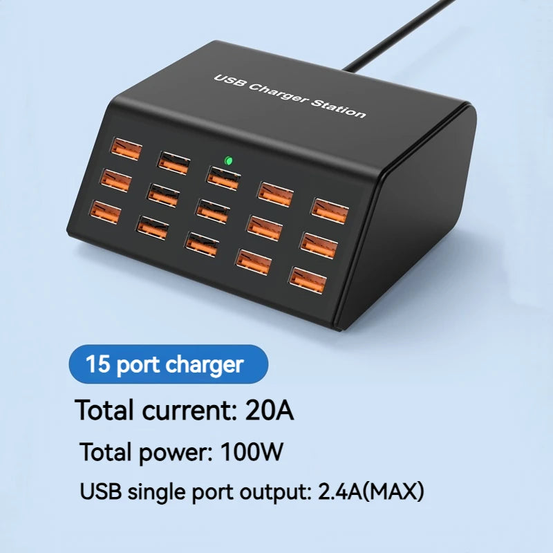 100W Desktop Universal USB Charger 15 Ports USB Fast Charging Station For Ipad Iphone16 15 14 13 Pro For Samsung EU Plug