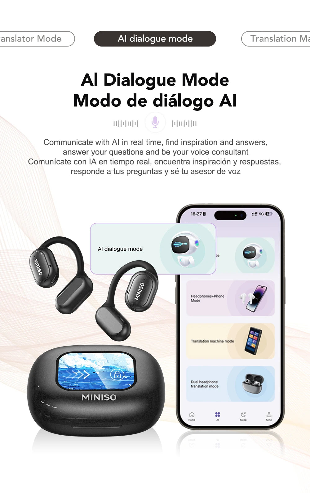 MINISO X30 Wireless Headphones Bluetooth Translation Earbuds Chat Headset Office Travel,real-time Translate Equalizer APP