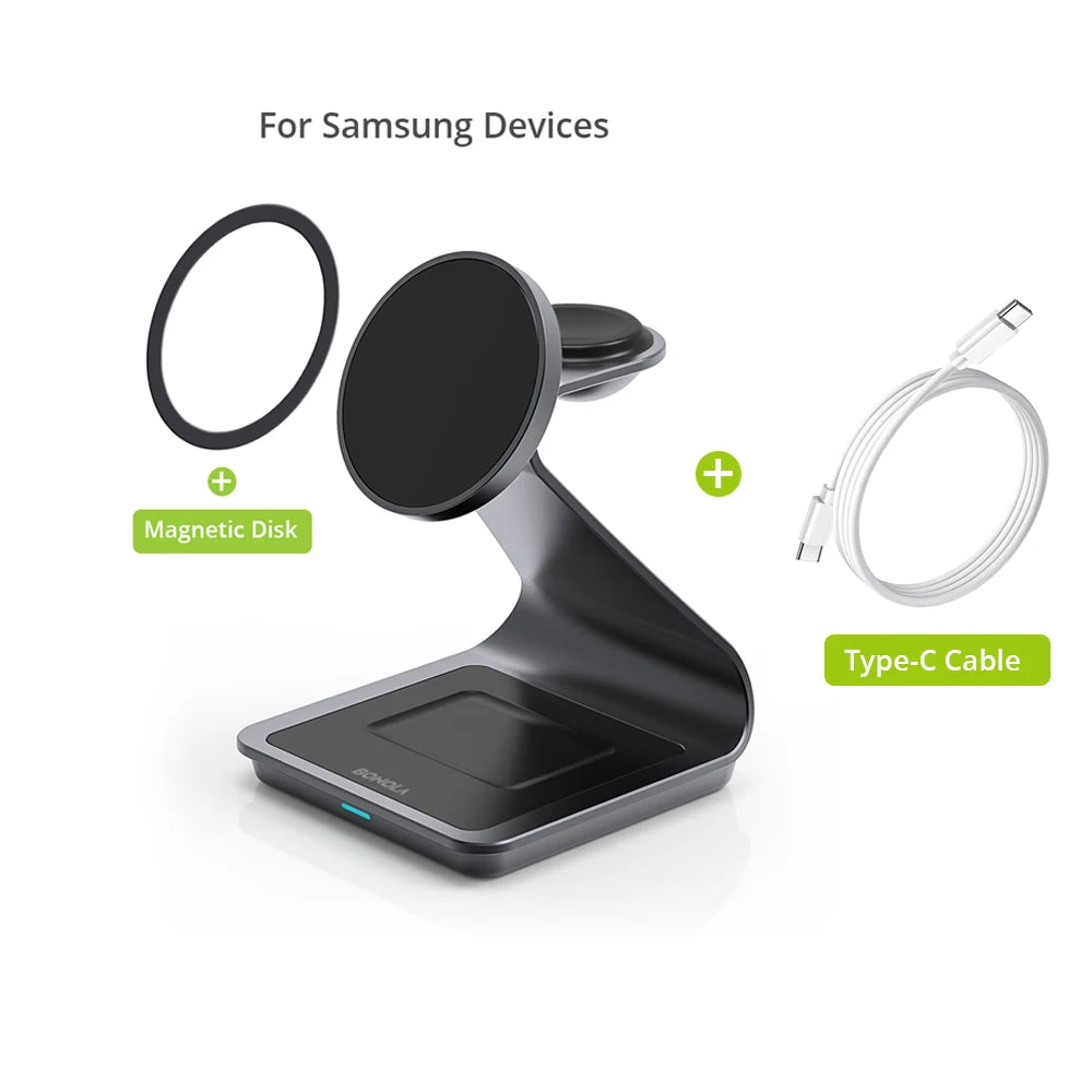 Bonola Magnetic 3 in 1 Wireless Charger Station for Samsung S24 Ultra/S25 25w Fast Charging Stand for Galaxy Watch 7/6/5/Earbuds