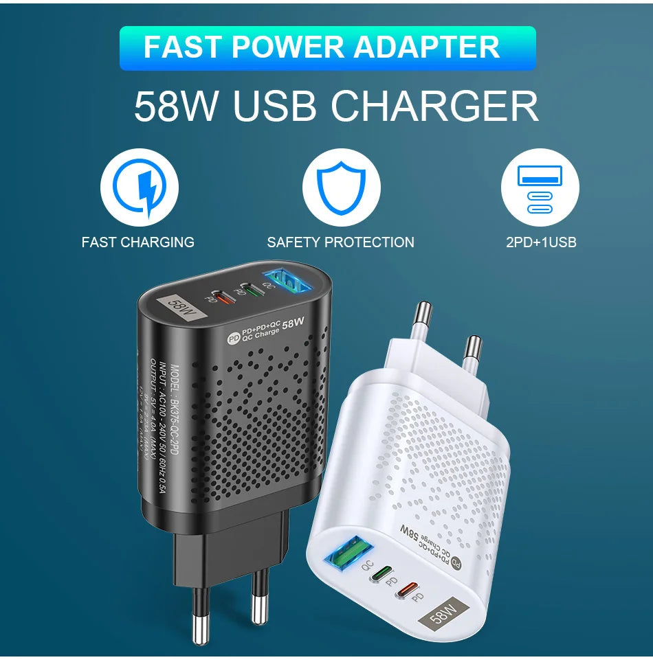 USLION 58W USB C Charger Travel Fast Charging Charger Tablet Laptop PD Quick Charge 3.0 Wall Phone Adapter For iPhone 15 Xiaomi