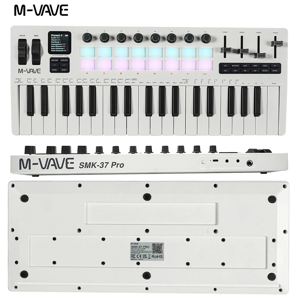 M-VAVE SMK-37 PRO MIDI Controller Keyboard 16 RGB Pads 8 Knobs Software Compatible for Music Production