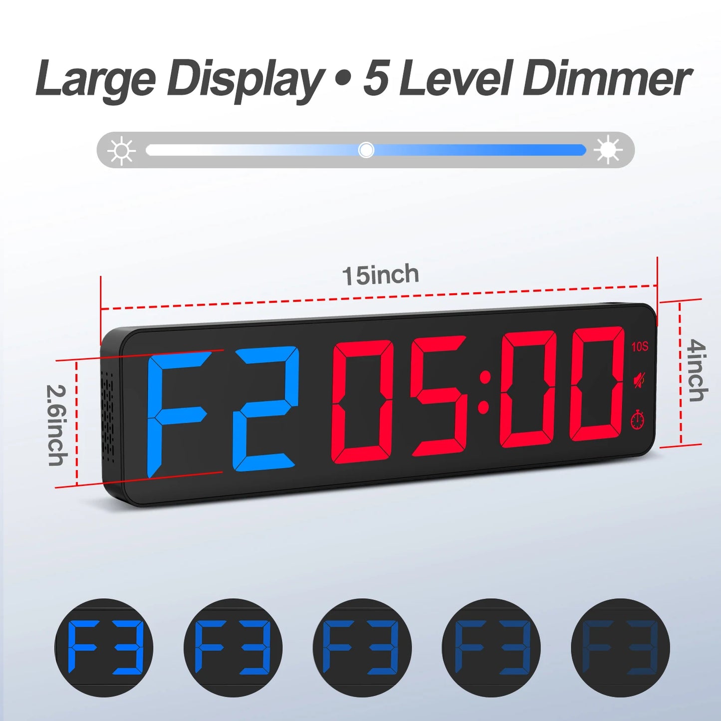 Gym Timer 15" Large LED Display Wall Clock,Interval Workout,Count Down & Up,Stopwatch, Adjustable Volume,Upgraded Remote