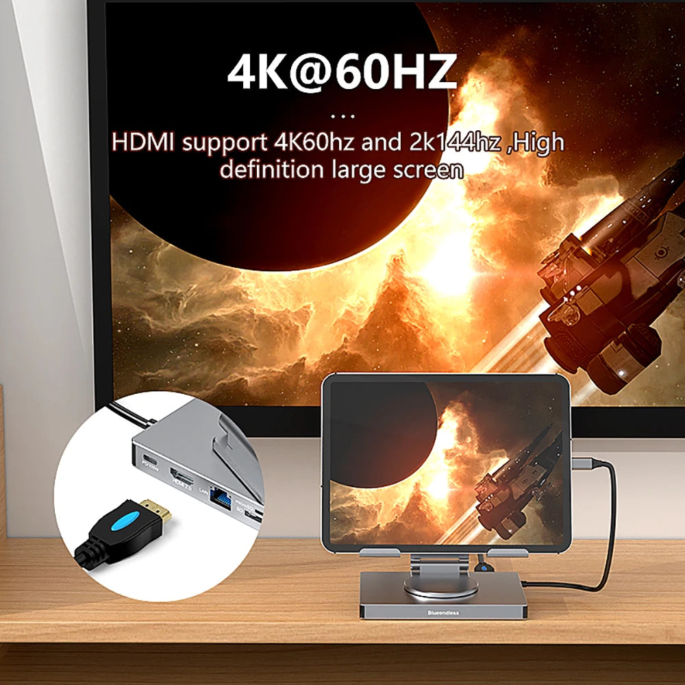9-in-1 Tablet Docking Station USB C HUB Type C to HDMI2.0 4K 60Hz USB 3.0 5Gbps Fast 1000Mbps RJ45 Adapter PD 100W for PC Laptop