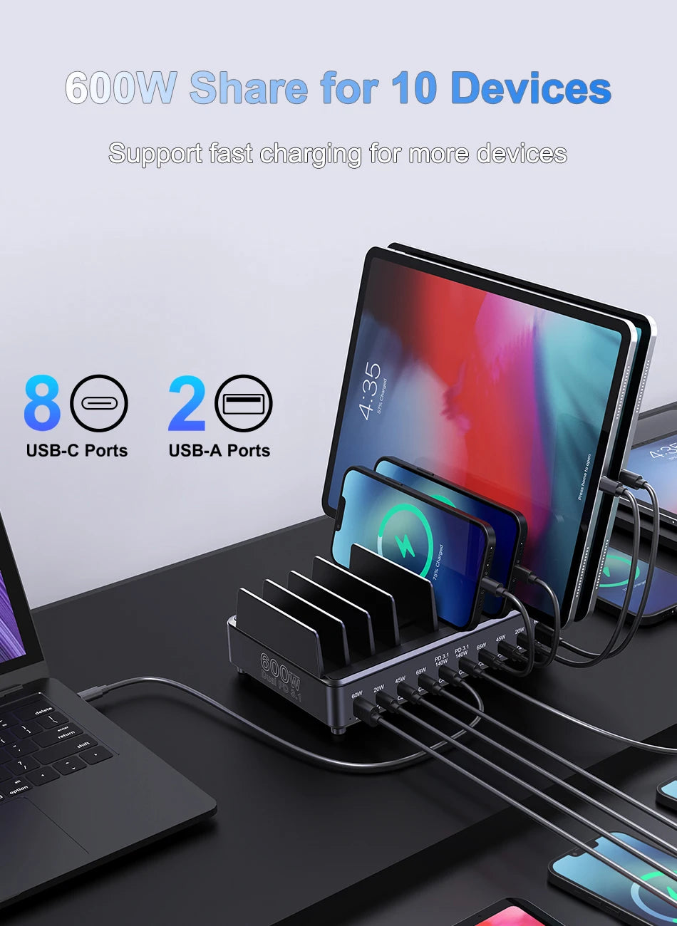 Ueetop 600W Multi USB Fast Charger 10-Port GaN PD 3.1 Charging Station Stand for MacBook iPhone 16 15 iPad Samsung Tablet Laptop