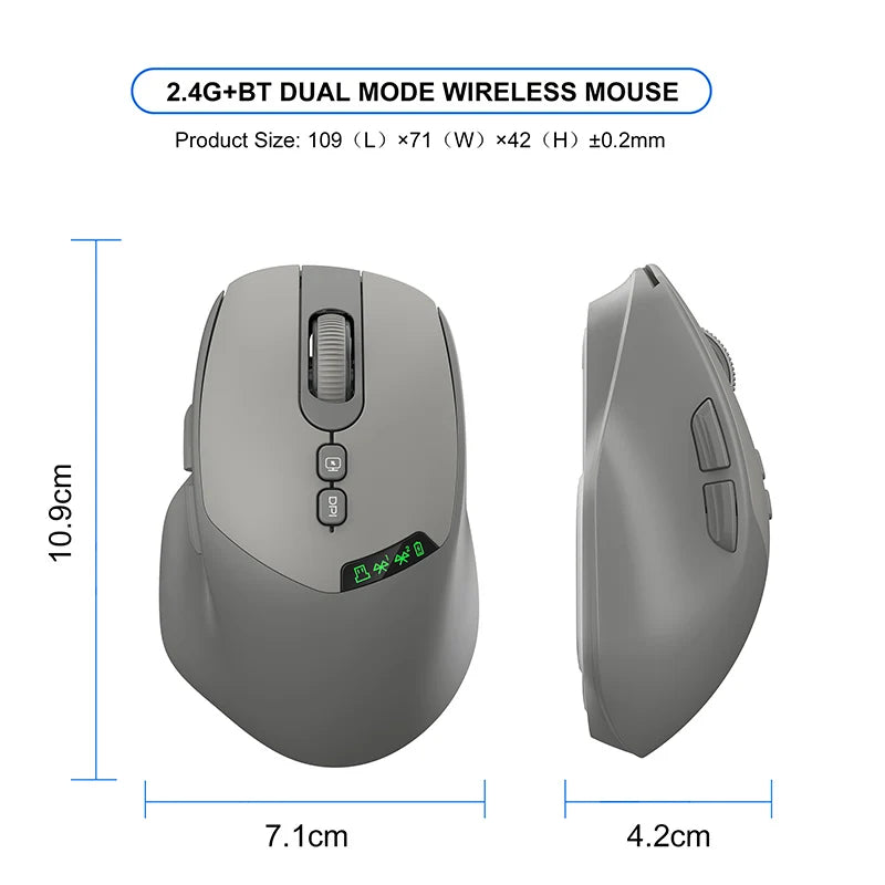 Noiseless Dual Mode Wireless Mouse Bluetooth 2.4G, Silent Click, DPI Adjustable, 500mA Battery, Display for PC Laptop Mac