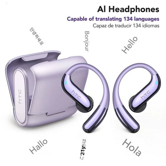 HTC NE23 Earphones Bluetooth V6.0 Open-Ear Wireless Headphones AI Translator Earbuds HD Call Sleek Thin lightweight Earhook
