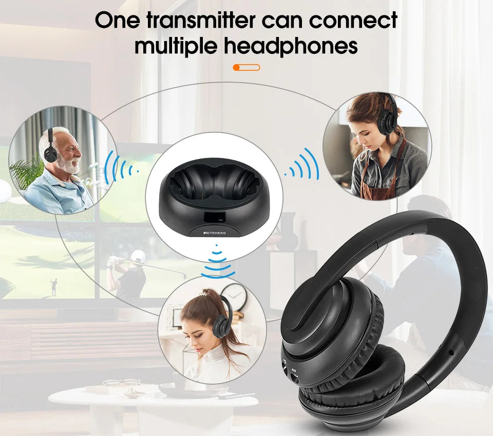 RETEKESS TA006 Wireless Headphone TV Watching Rechargeable Wireless Earphone with Transmitter Support Coaxial Fiber 3.5 AUX RCA
