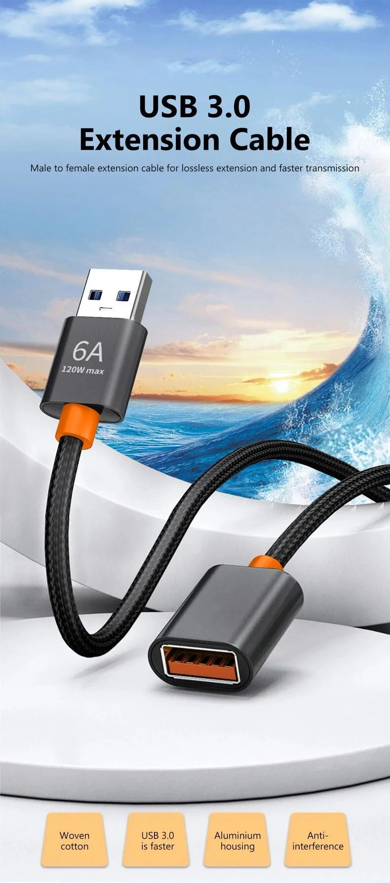 6A USB 3.0 / 2.0 Extension Cable Male to Female Extender Cable Fast Speed USB 3.0/2.0 Extended for laptop PC USB 3.0 Extension