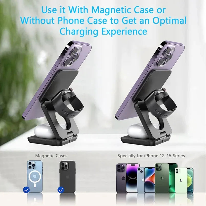 Magnetic Wireless Charger 3 in 1 Stand For Macsafe iPhone16 15 14 13 12 Apple Watch 8 7 6 Airpods Pro Fast Charging Dock Station