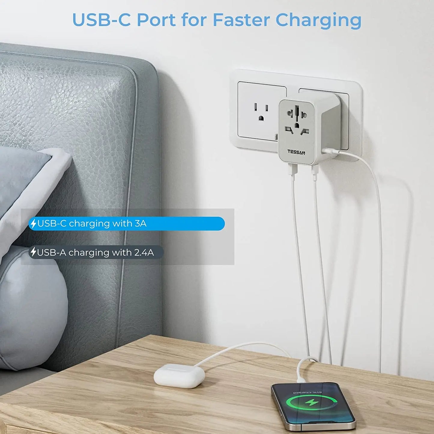 TESSAN Universal Travel Adapter with 2 USB Ports & 3 Type C, International Plug All-in-one Wall Charger for US EU UK AUS Travel