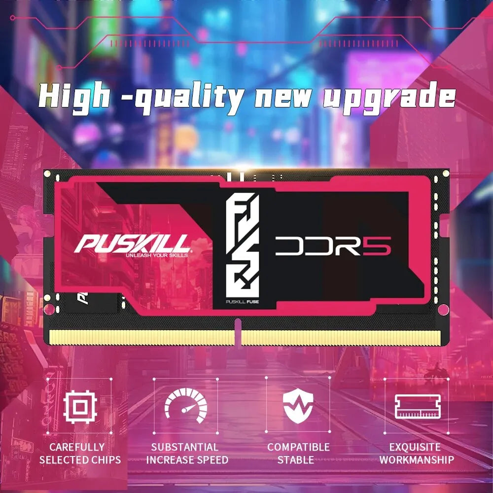 PUSKILL Memoria Ram DDR5 16GB 8GB 32GB 1.1V 262-Pin PC5 Notebook 4800MHz 5200MHz 5600MHz for Laptop SO-DIMM Memory