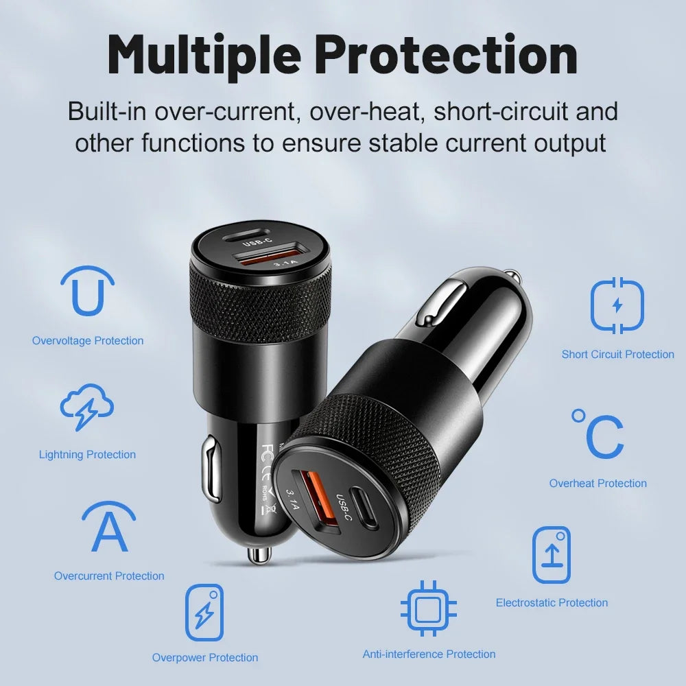 3.1A USB Car Charger Type C Fast Charging Phone Adapter For iPhone Xiaomi Huawei Phone Charger Adapter Socket Cigarette Lighter