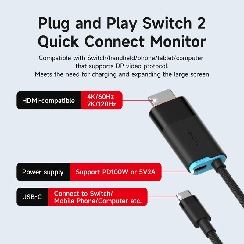 Hagibis Switch 2 Dock for Nintendo Switch/Switch2/OLED 4K@60Hz USB C to HDMI Cable Adapter 100W PD Power Supply for Laptops ROG