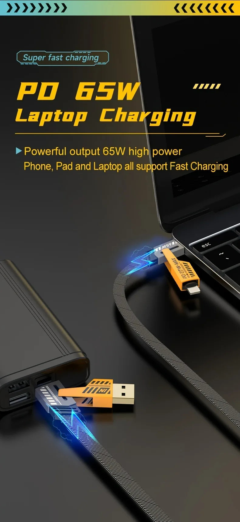 4 In 1 PD 65W USB Type C Data Cable Fast Charging For iPhone 16 15 14 13 12 Samsung Xiaomi Redmi Huawei Wire Cable Fast Charger