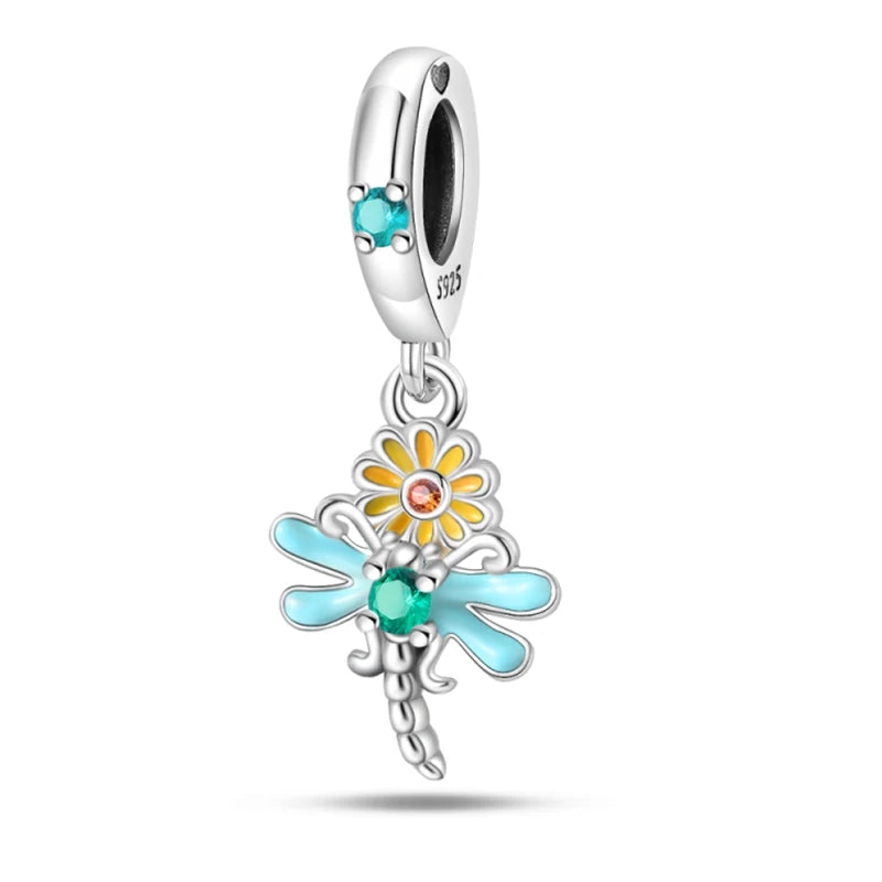 100% 925 Sterling Silver Exquisite Colored Dragonfly Charms Pendants Sparkling Zircon Fit Qikaola Original Bracelets DIY Jewelry