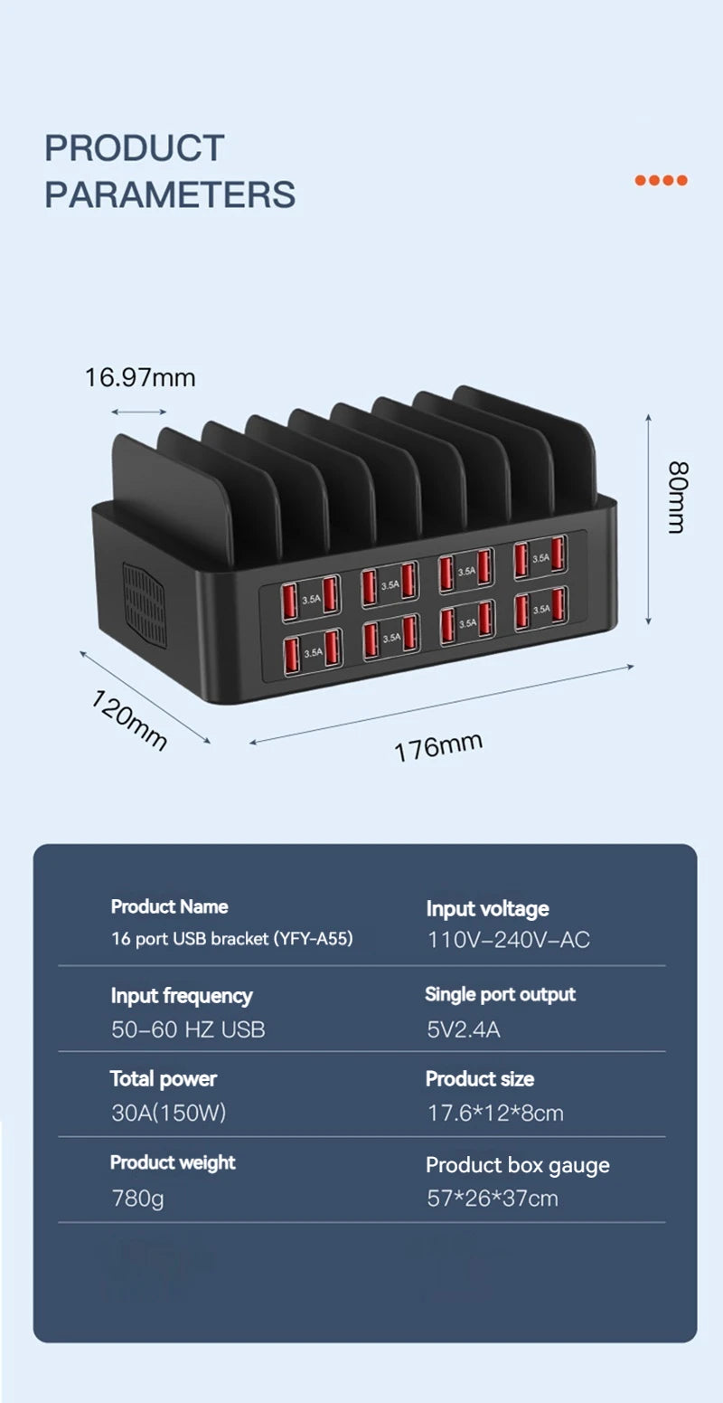 ASENGRY 150W Universal Multi USB Charger 16 Port USB Charging Station Tablet Stand For Ipad Iphone 15 14 13 Pro Max Samsung S24