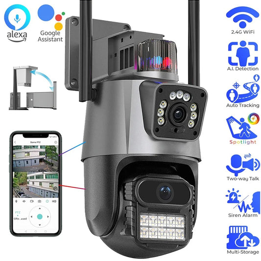 8MP WiFi Camera Outdoor 8X Zoom Security Camera 4K Video Surveillance Three Lens Dual Screen PTZ ICsee Alexa NVR Security CCTV