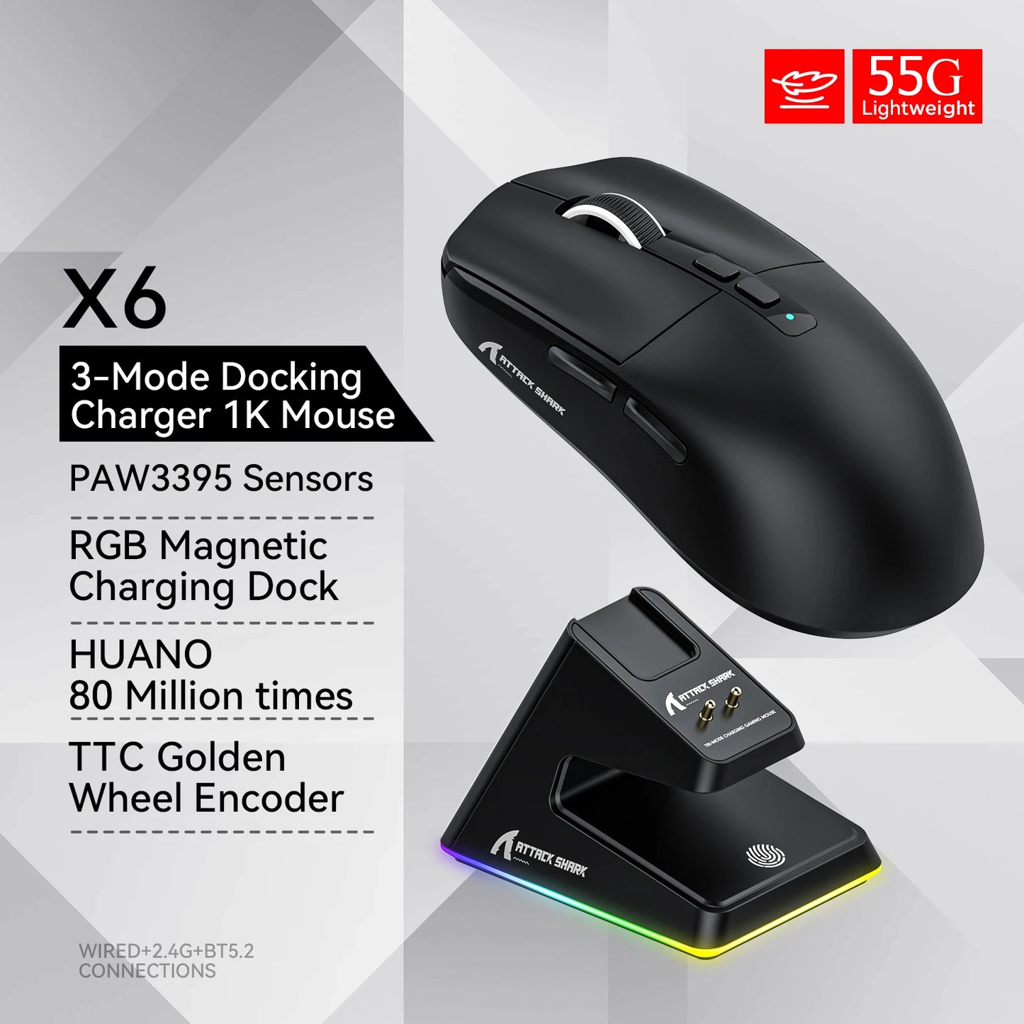 X6 PAW3395 Bluetooth Mouse,2.4 Tri-Mode Connection, RGB Touch Magnetic Charging Base, Macro Gaming Mouse