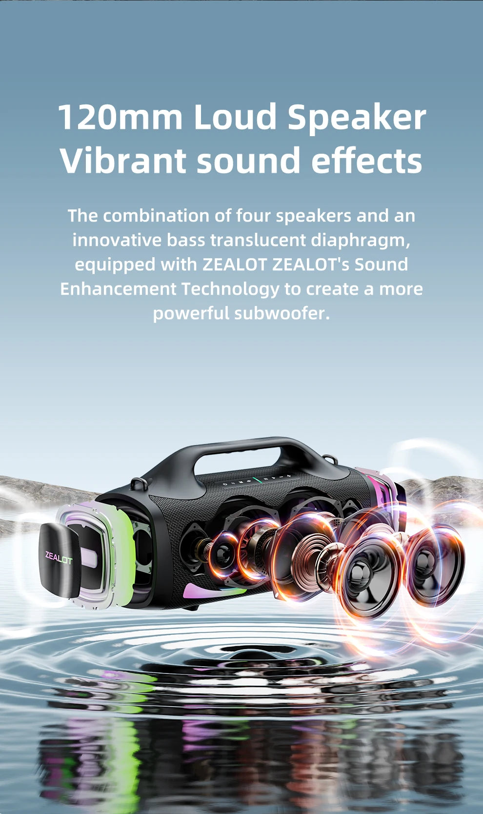 ZEALOT-S79 Speaker Party Portable Speaker with Bluetooth 5.2, Portable Handle, 24-Hour Playtime, for Party, Camping