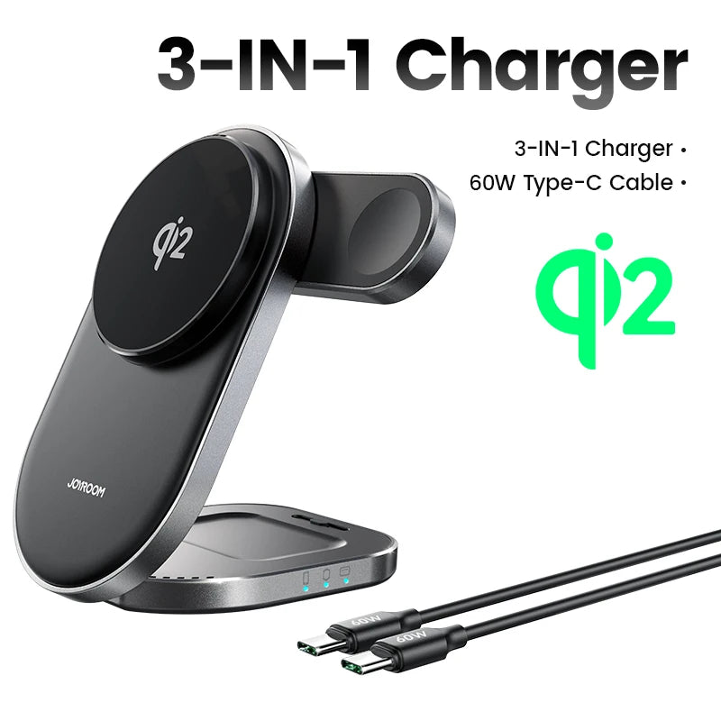 Joyroom Qi2 3 in 1 Wireless Charging Station Foldable Fast Wireless Charger Stand for iPhone 16/15/14/13/12 & Apple Watch JR-W17