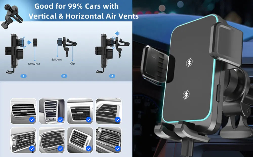 15W Dual Coil Wireless Car Charger for Samsung Galaxy Z Flip 4 3 S22 S21 iPhone Auto Clamp Fast Car Charging Phone Mount Holder