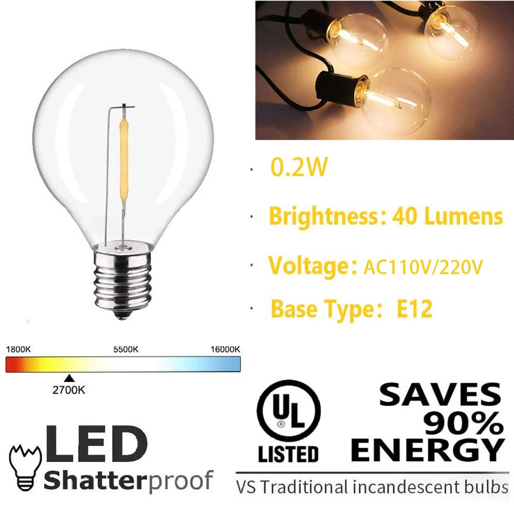 String Lights LED 15 Light Bulbs 10M G40 Globe String Lights Shatterproof Patio Lights for Indoor/Outdoor Commercial Decor Lamp