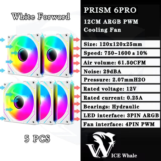 ICE Whale Prism 6PRO PC Case Fan 12cm 3-sided Infinite Mirror 5V 3PIN ARGB Motherboard Lighting Sync 4PIN PWM Silent Cooling Fan
