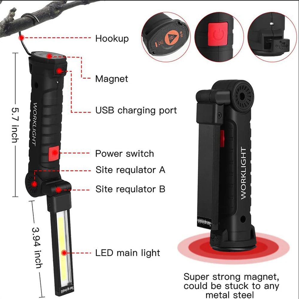 USB Flashlight Rechargeable Torch Tool Gifts for Men LED Work Light with Magnetic Base 5 Modes For Home Outdoor Camping ﻿