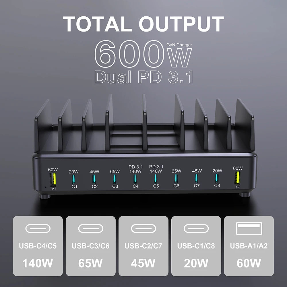 Ueetop 600W Multi USB Fast Charger 10-Port GaN PD 3.1 Charging Station Stand for MacBook iPhone 16 15 iPad Samsung Tablet Laptop