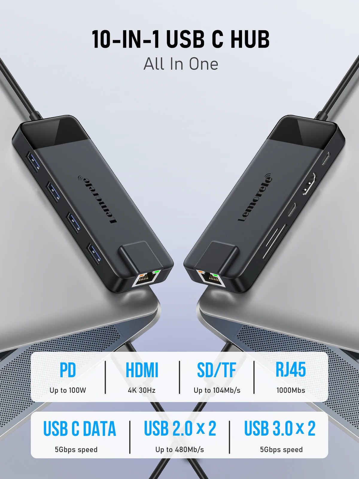 Lemorele 10 in 1 USB C HUB Docking Station Type C Adapter 4K@60Hz HDMI 100W PD RJ45 1000Mbps Ethernet SD/TF Slot for Mac Laptop