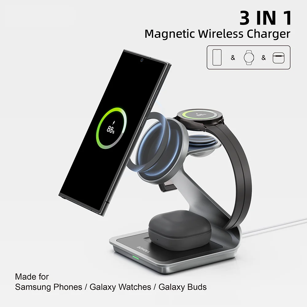 Bonola Magnetic 3 in 1 Wireless Charger Station for Samsung S24 Ultra/S25 25w Fast Charging Stand for Galaxy Watch 7/6/5/Earbuds