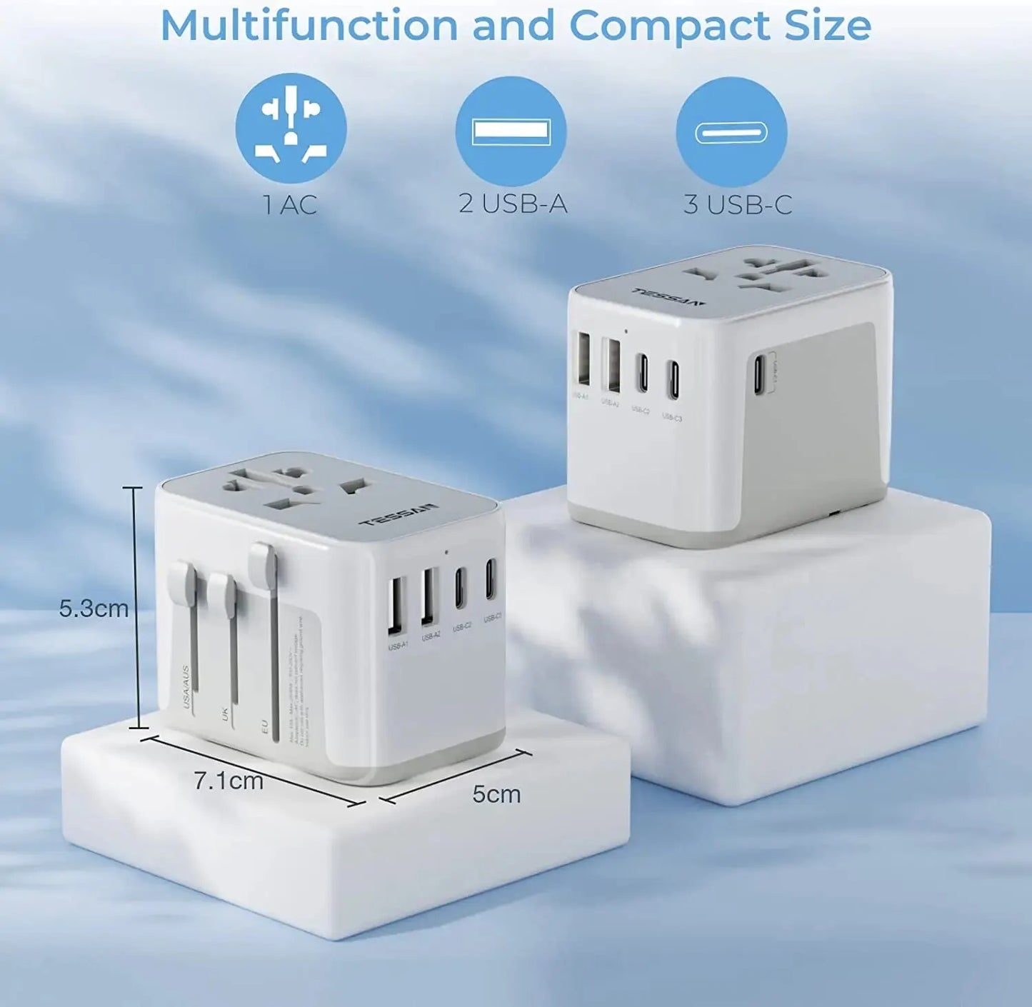 TESSAN Universal Travel Adapter with 2 USB Ports & 3 Type C, International Plug All-in-one Wall Charger for US EU UK AUS Travel