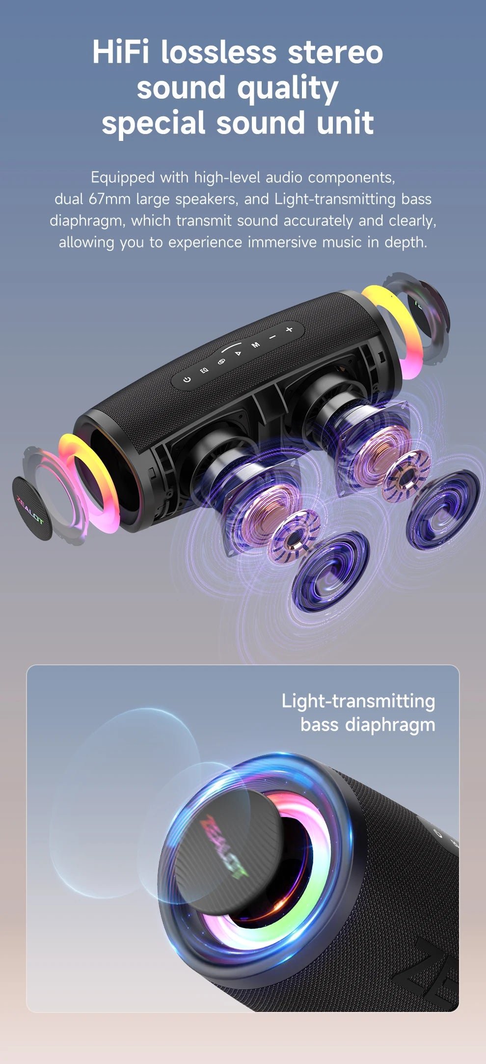 ZEALOT-S56 Bluetooth Speaker 40W Output Power Bluetooth Speaker with Excellent Bass Performace IPX6 Waterproof Camping Outdoor