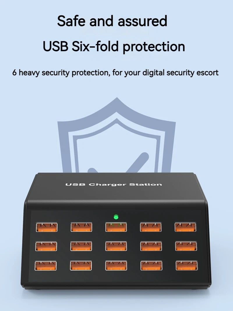 100W Desktop Universal USB Charger 15 Ports USB Fast Charging Station For Ipad Iphone16 15 14 13 Pro For Samsung EU Plug