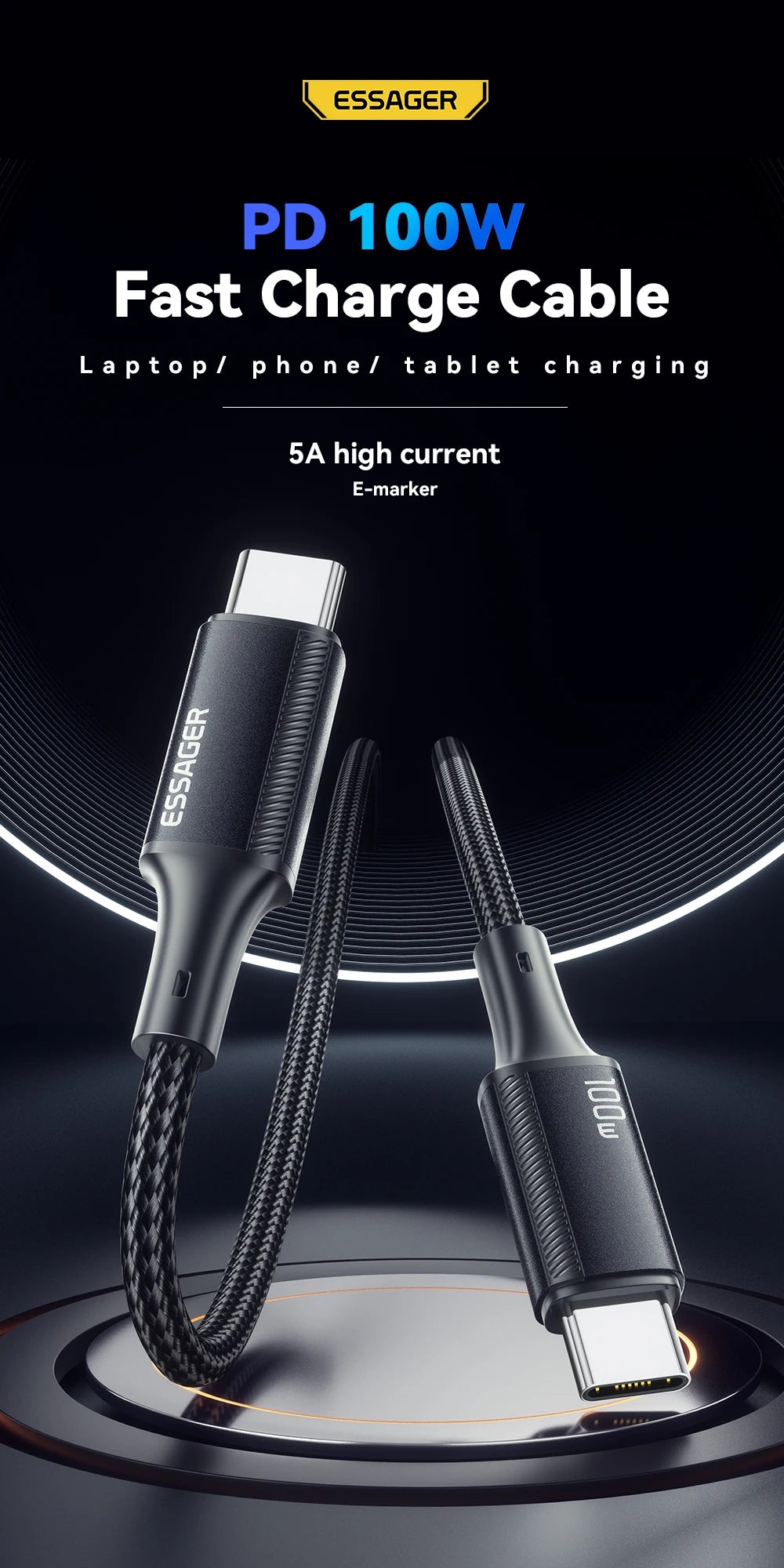 Essager PD 100W Type C to C Cable USB Type-C 5A Fast Charging Mobile Phone Cable For MacBook iPad Oneplus Xiaomi iPhone 16 Cable