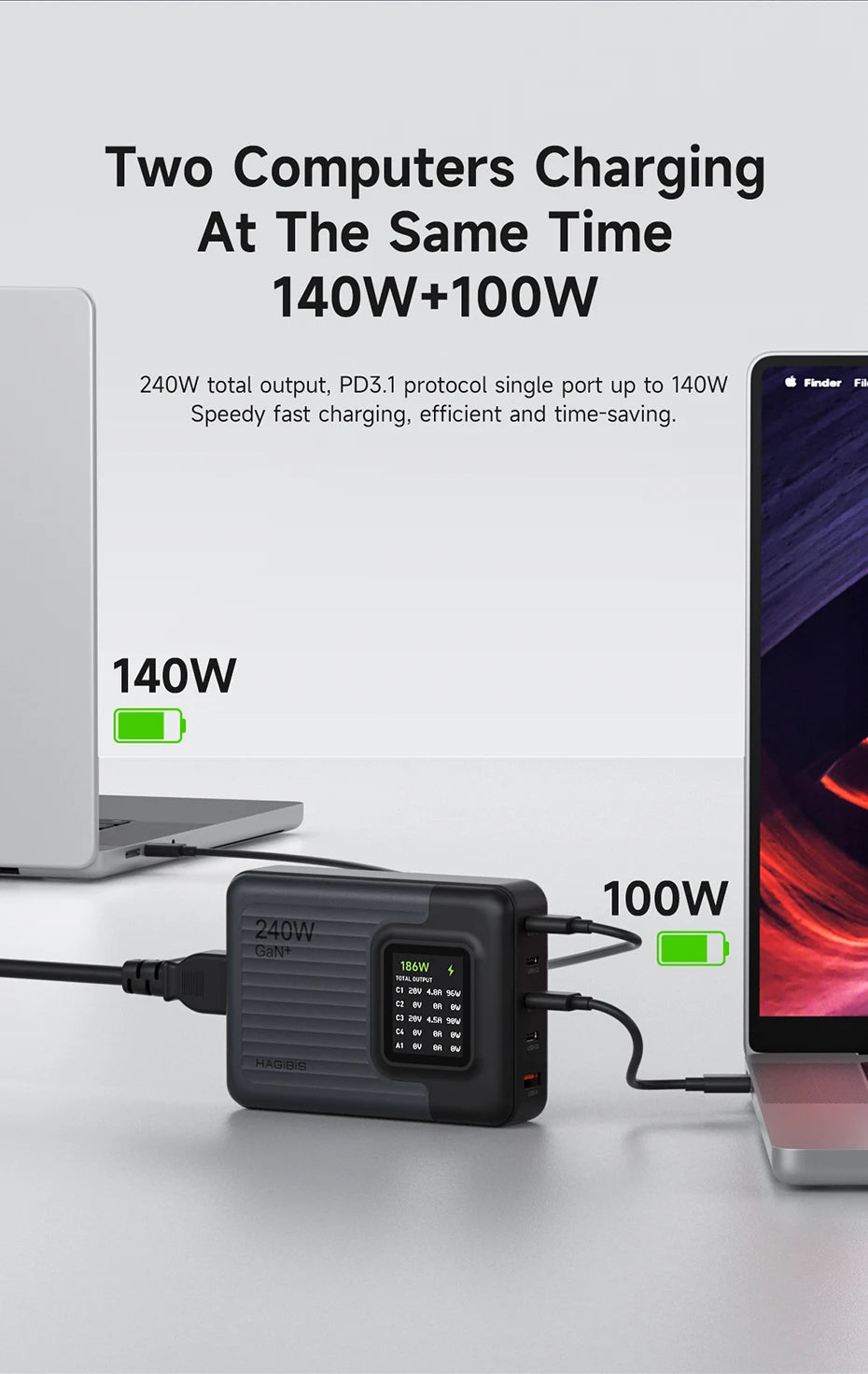 Hagibis 240W USB C Charger 5 Ports GaN 140W PD3.1 Fast Charger Desktop Charging Station with LCD Display For MacBook Pro Laptops