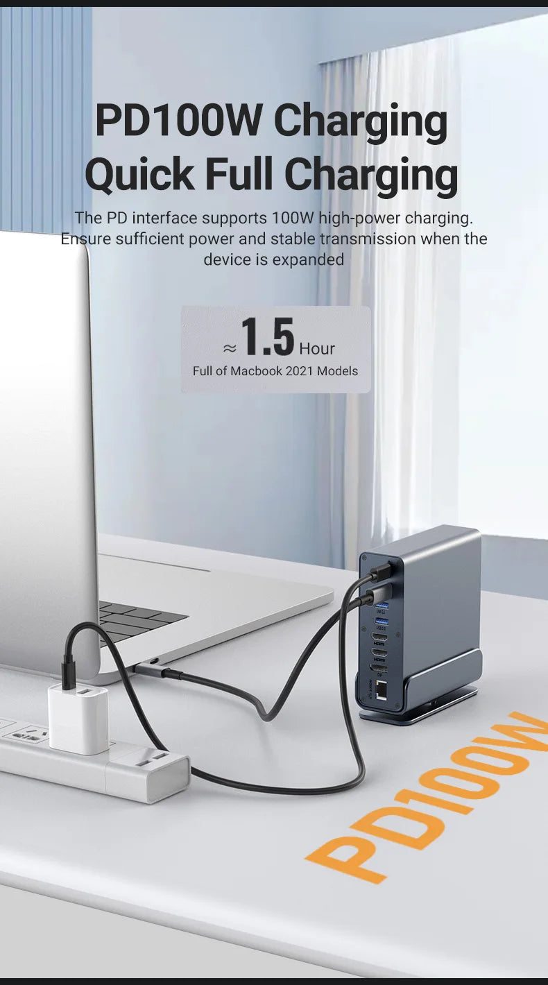 15 in 1 USB C HUB Docking Staion Multi-port Type C Thunderbolt wtih USB 3.0 HDMI PD 100W RJ45 SD/TF Audio 3.5 for Macbook Laptop