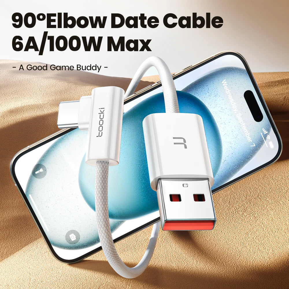Toocki 100W Elbow 90 Degree USB A to Type C Fast Charging Cable 6A USB C Data Cable For Huawei Samsung Xiaomi Iphone16 15 Tablet