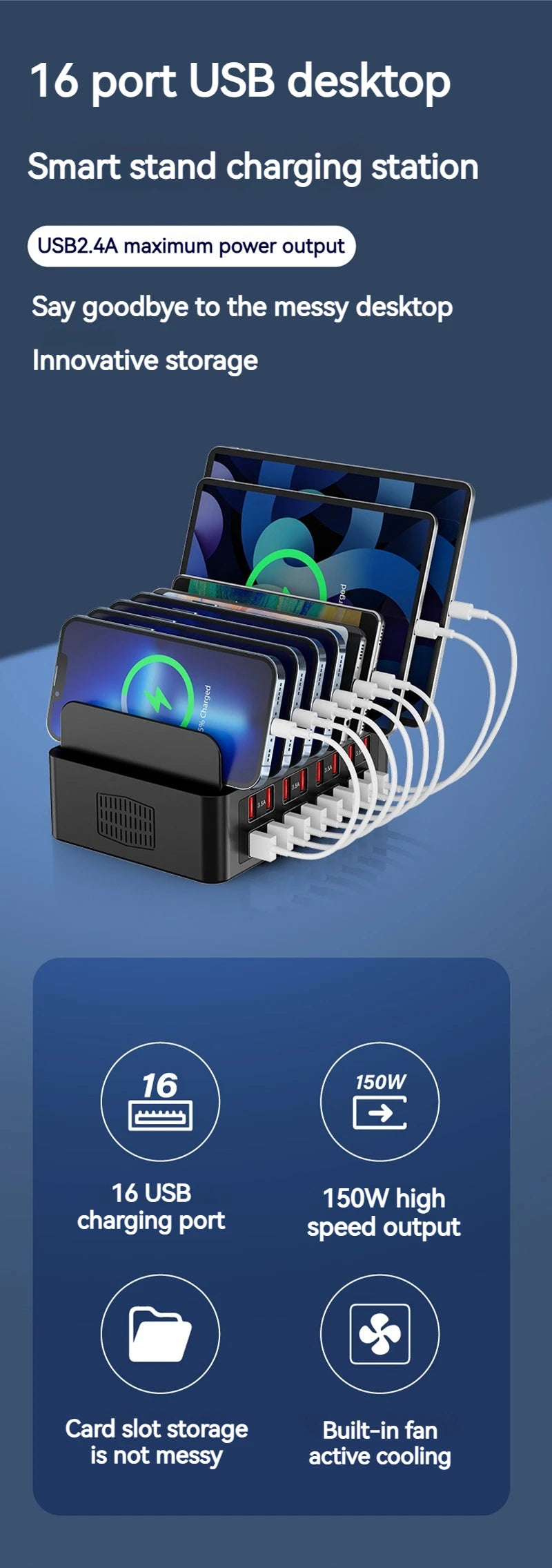 ASENGRY 150W Universal Multi USB Charger 16 Port USB Charging Station Tablet Stand For Ipad Iphone 15 14 13 Pro Max Samsung S24