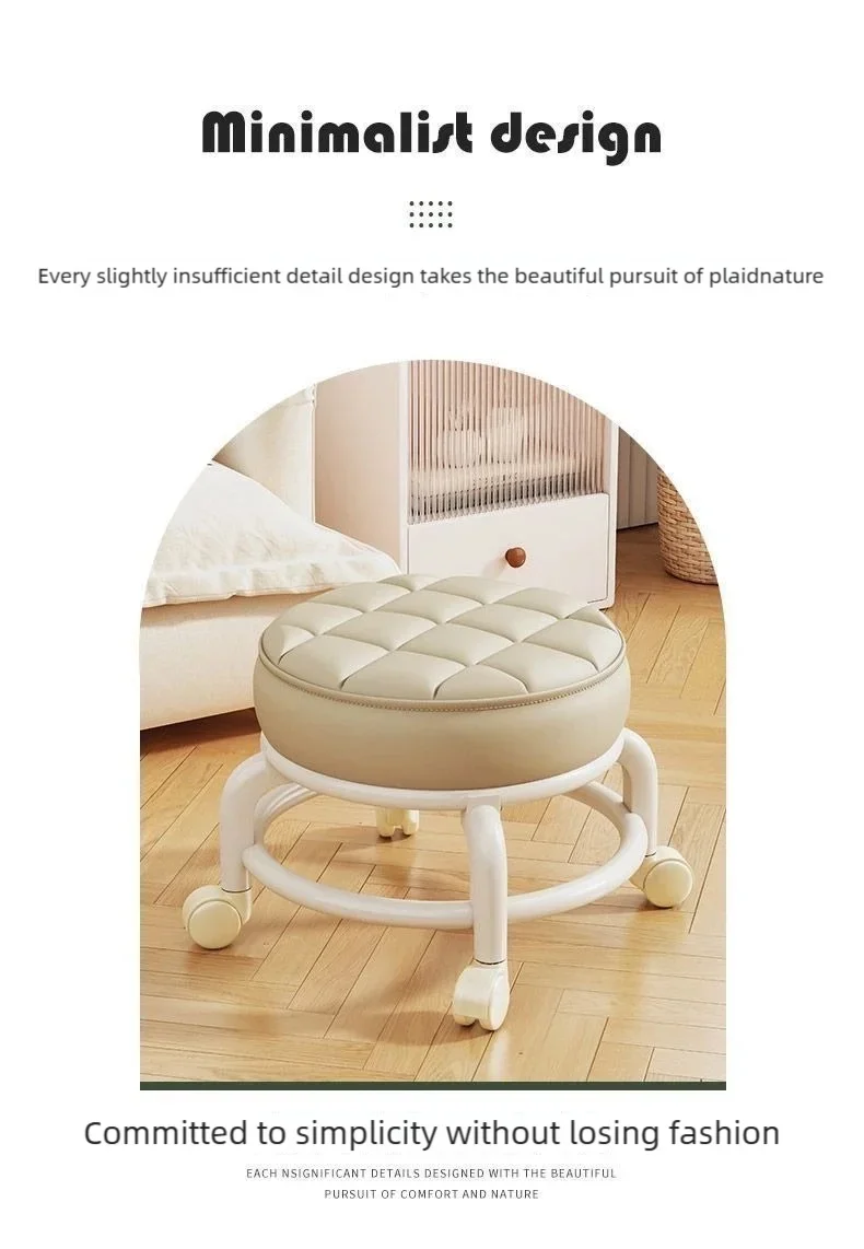 PU Leather Rolling Stool with Wheels - Portable Round Moisture-Proof Ottoman, Thickened Seat Cushion, Low Profile Stool for Vani
