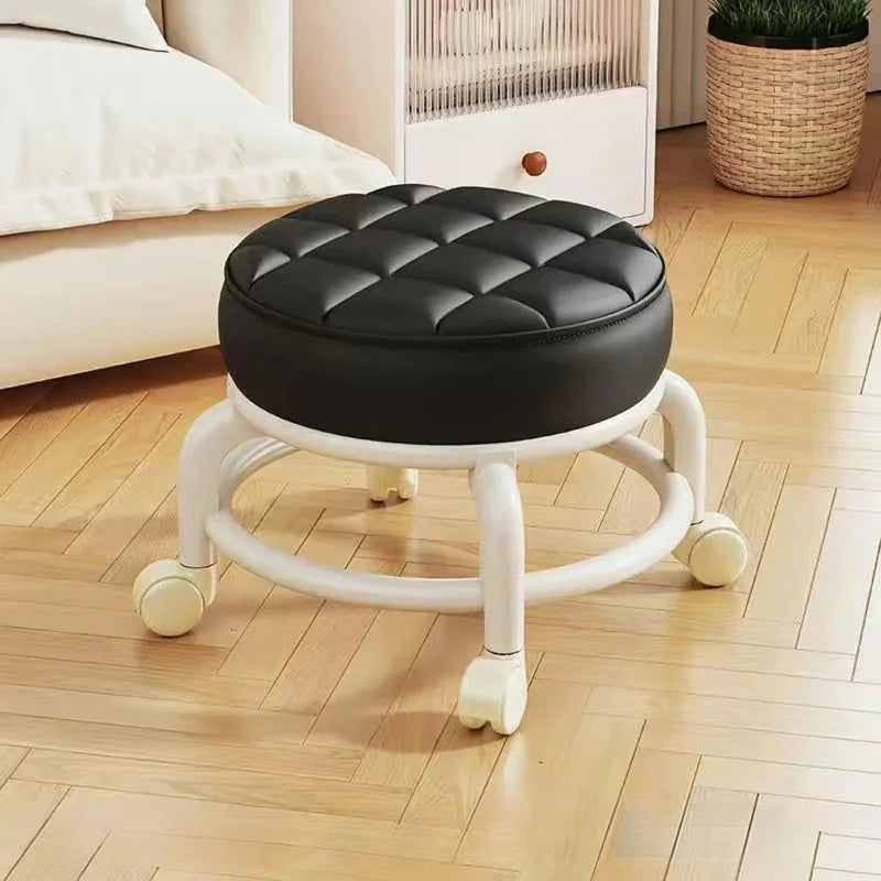 PU Leather Rolling Stool with Wheels - Portable Round Moisture-Proof Ottoman, Thickened Seat Cushion, Low Profile Stool for Vani